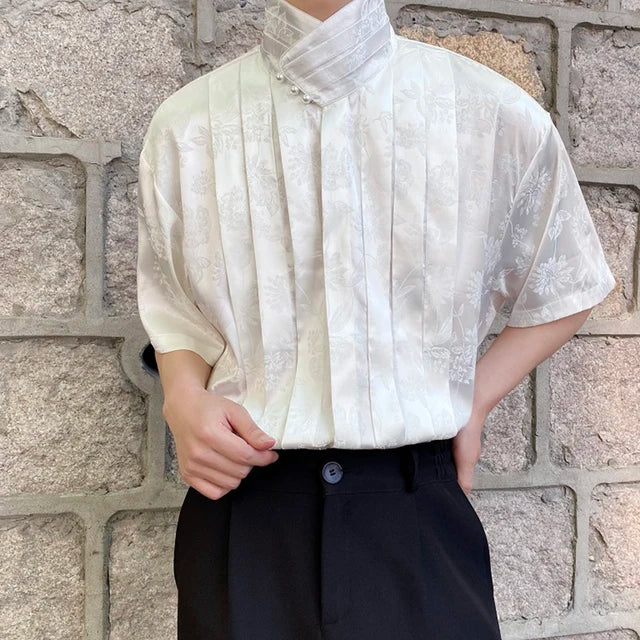 Pleated Flowers Stand Collar Shirt