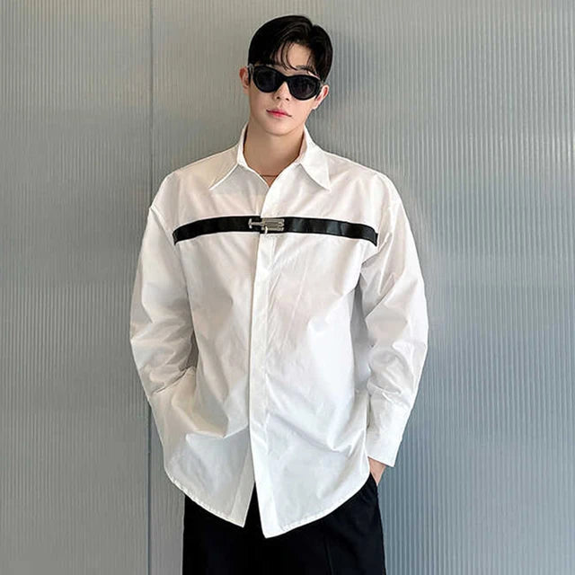 Solid Metal Button Stripe Patchwork Shirt