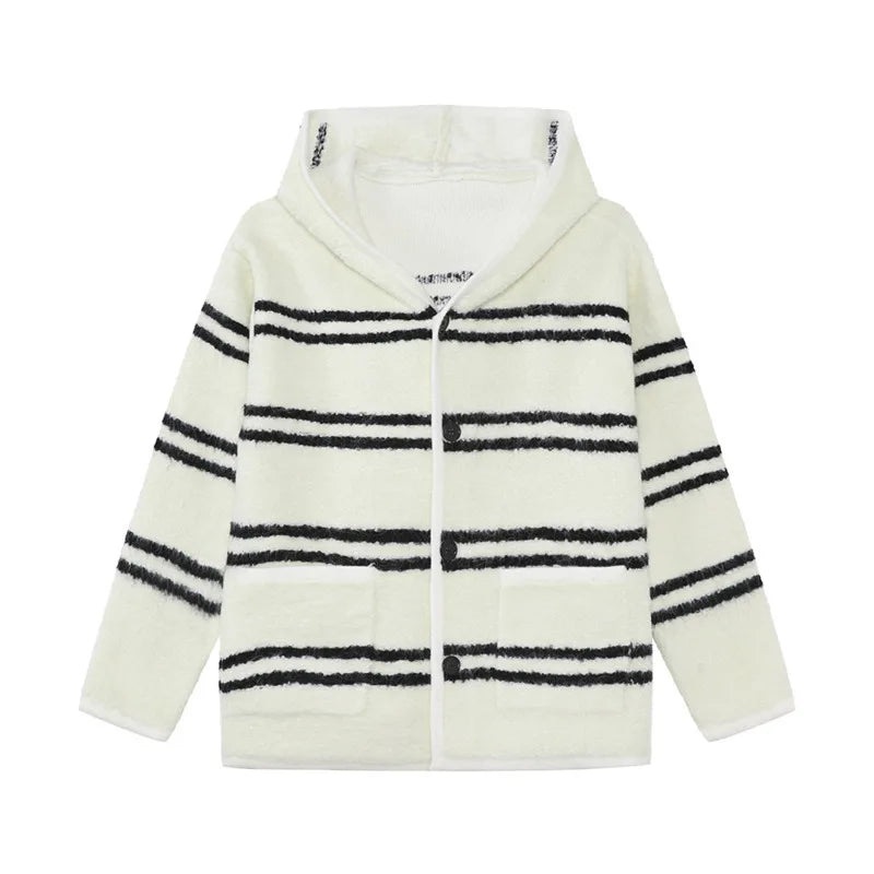 Striped Contrast Knitting Hooded Cardigan