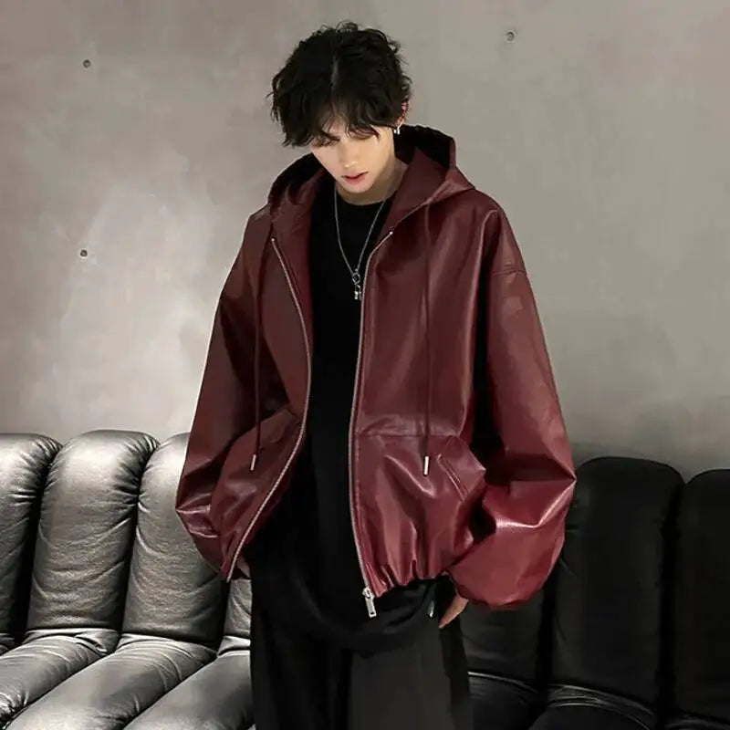 PU Leather Hooded Drawstring Jacket