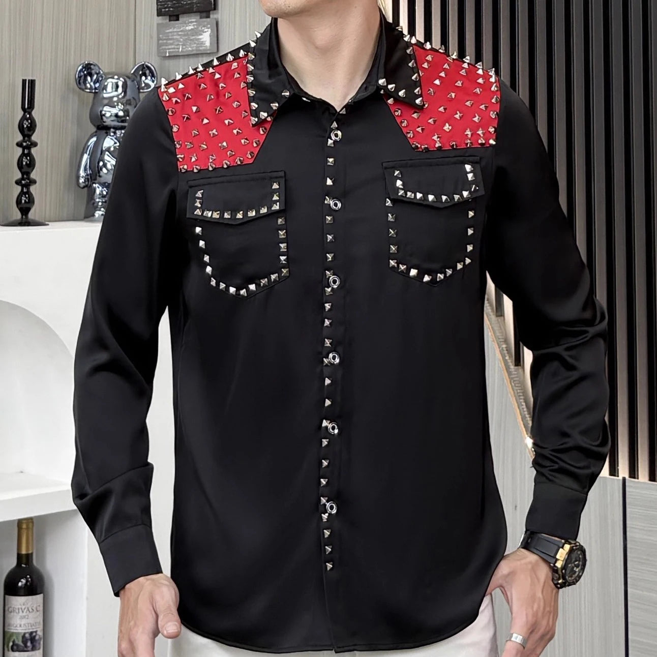 Men‘s Punk Rivets Long-Sleeved Shirt