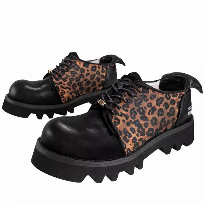 Cowhide Genuine Leather Spliced Leopard Shoes