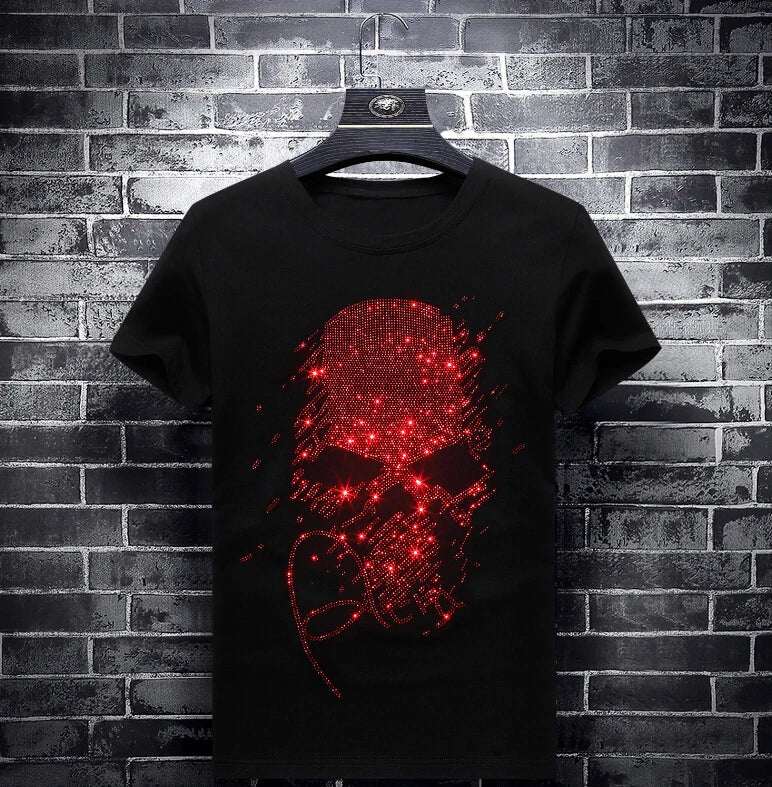 Red Rhinestones Cotton Skull T-Shirt