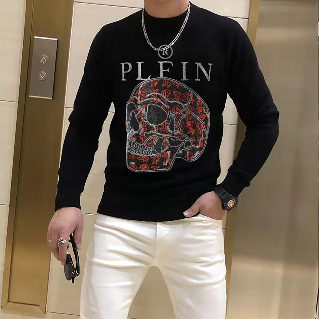 Hip-hop Stylish Rhinestone Design Sweater