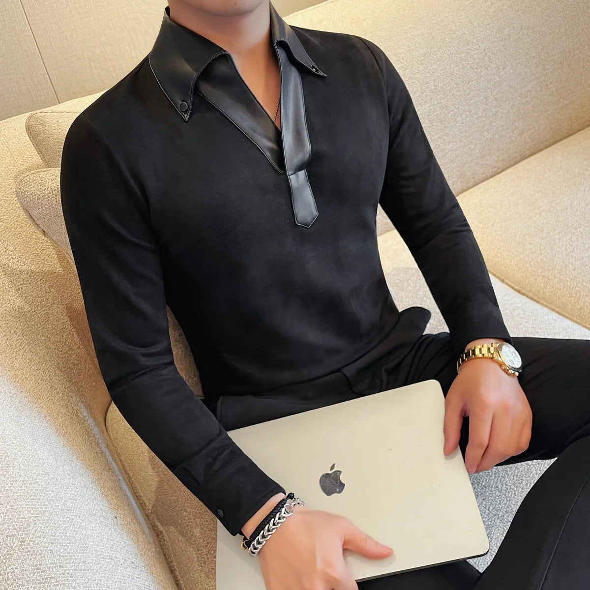 Leather Collar Long-Sleeved Polo Shirt