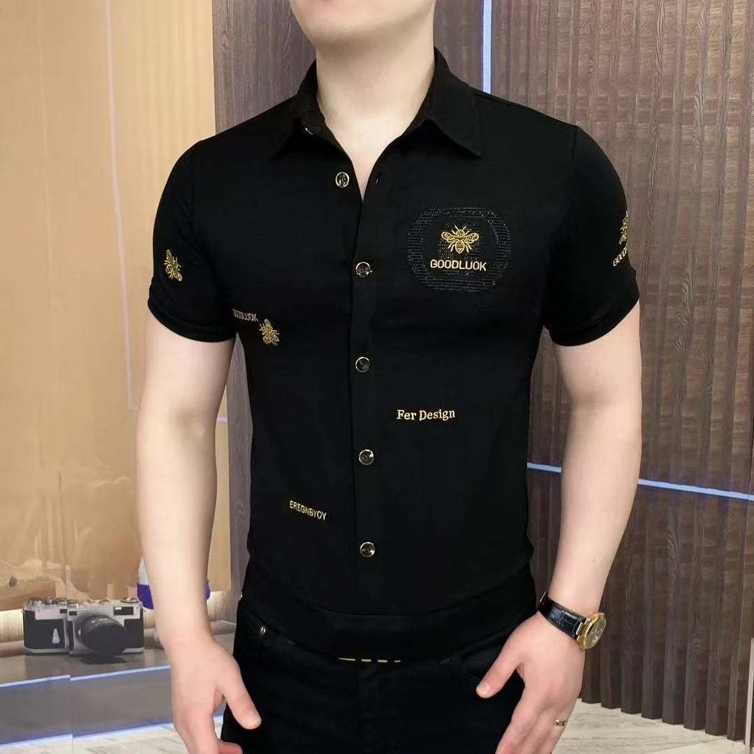 Rhinestone Letter Embroidery Short-Sleeve Shirt