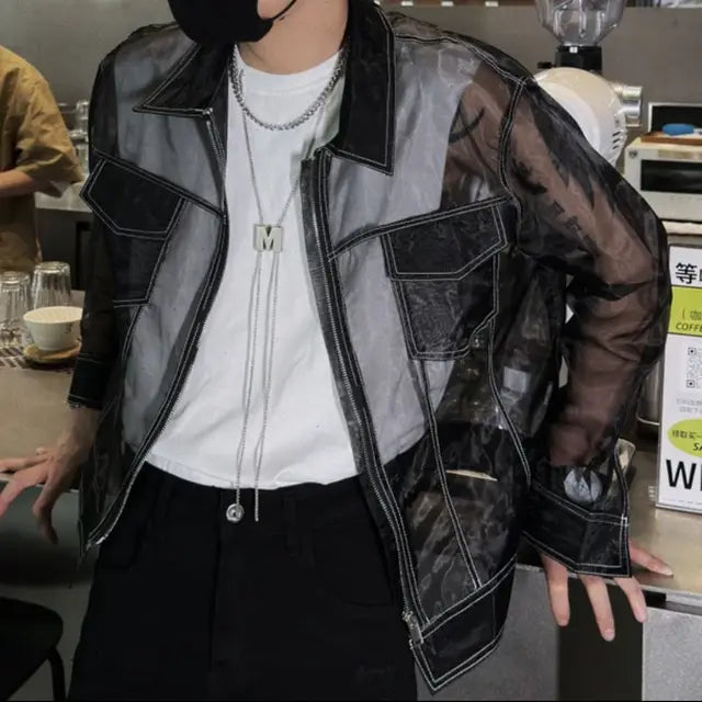 Casual Double Pocket See Through Jacket