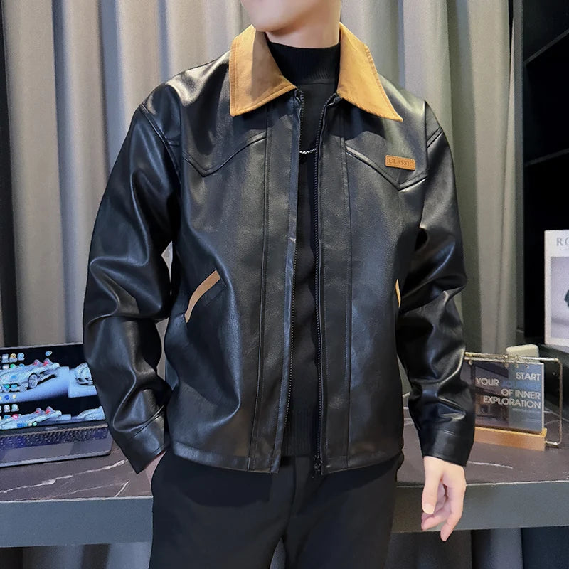 Contrasting Lapel PU Leather Jacket