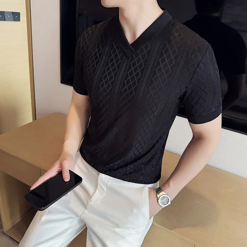 Geometric V-Neck Breathable T-Shirt