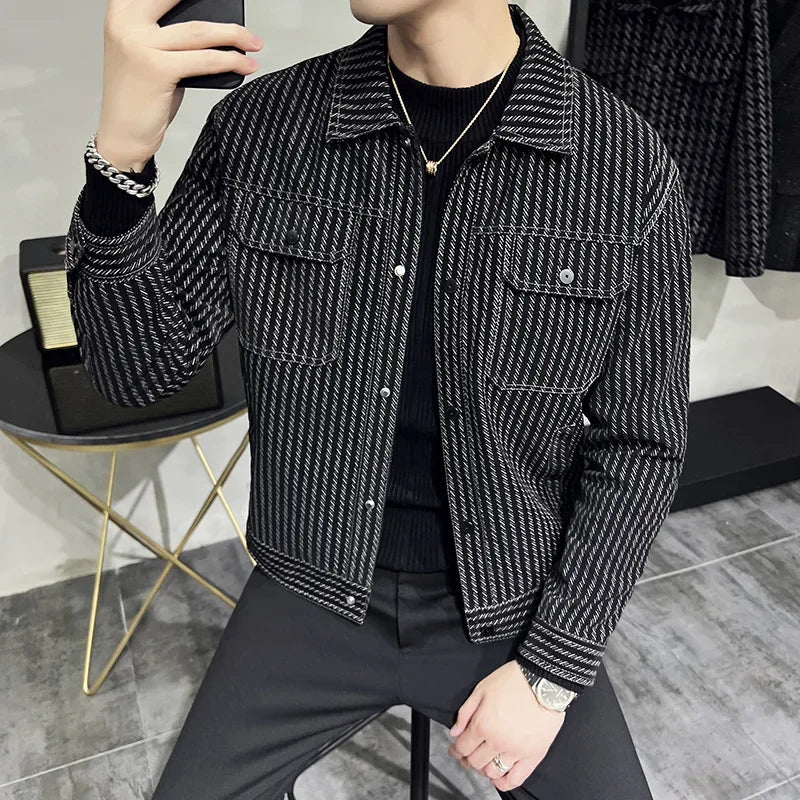 Black Geometric Striped Men's Jacket