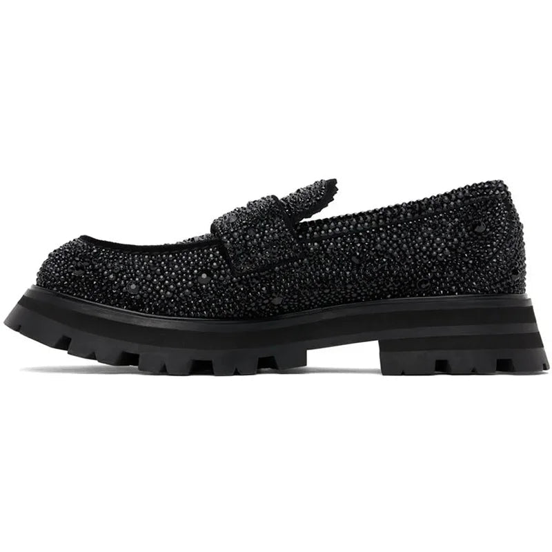 Black Shiny Rhinestone Slip-On Loafers