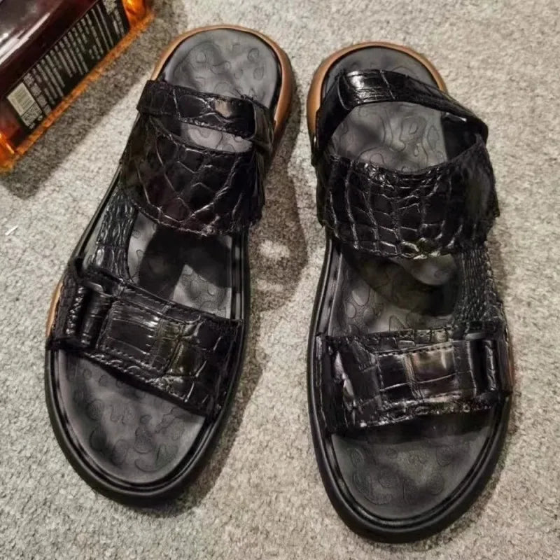 Black Crocodile Skin Leather Sandals