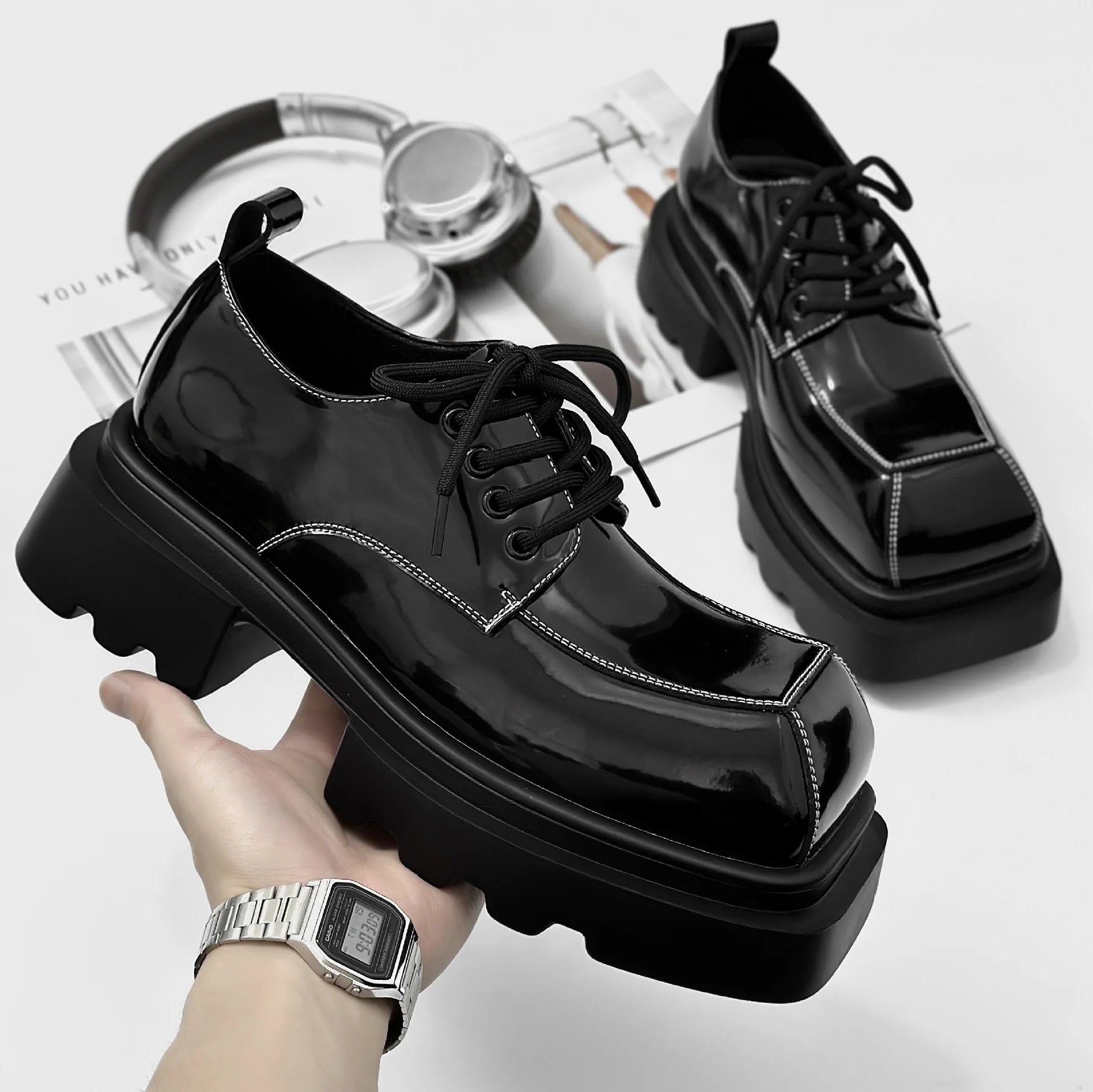 Black Glossy Square Toe Men's Shoes