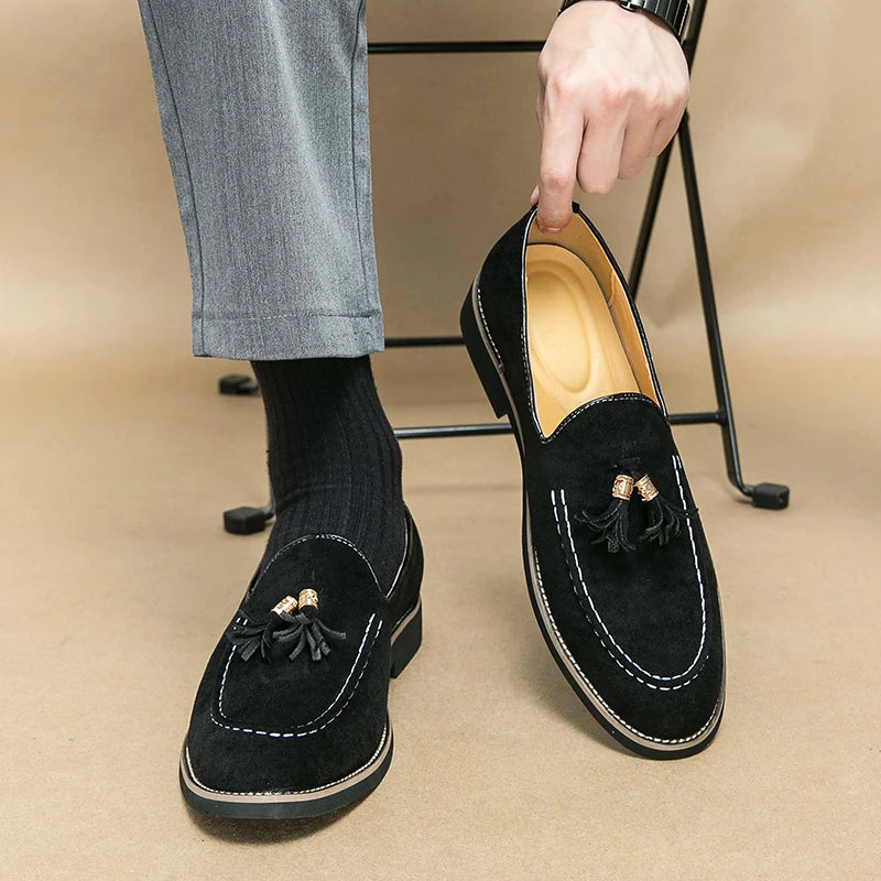 Stitches Suede Round Toe Loafers