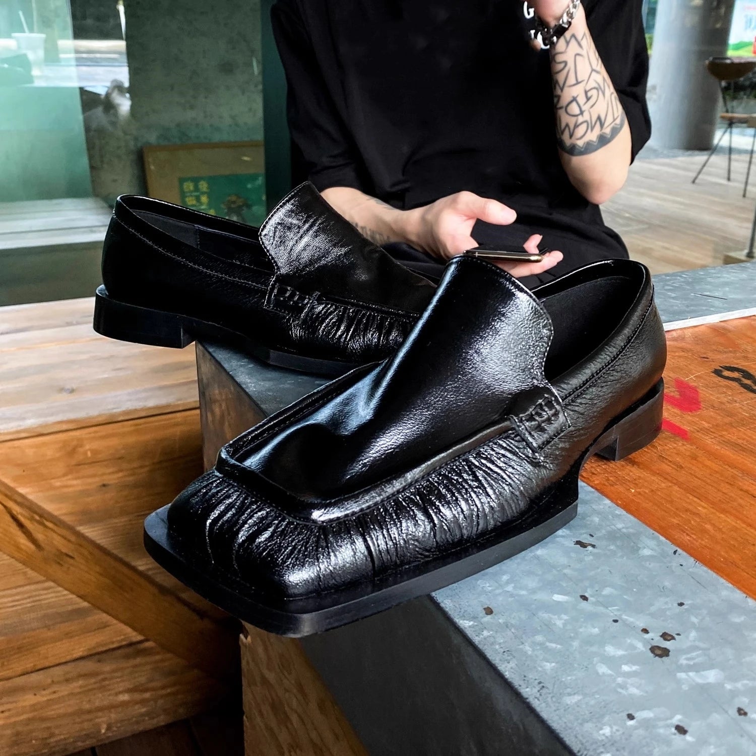Black Soft Cowhide Square Toe Loafers