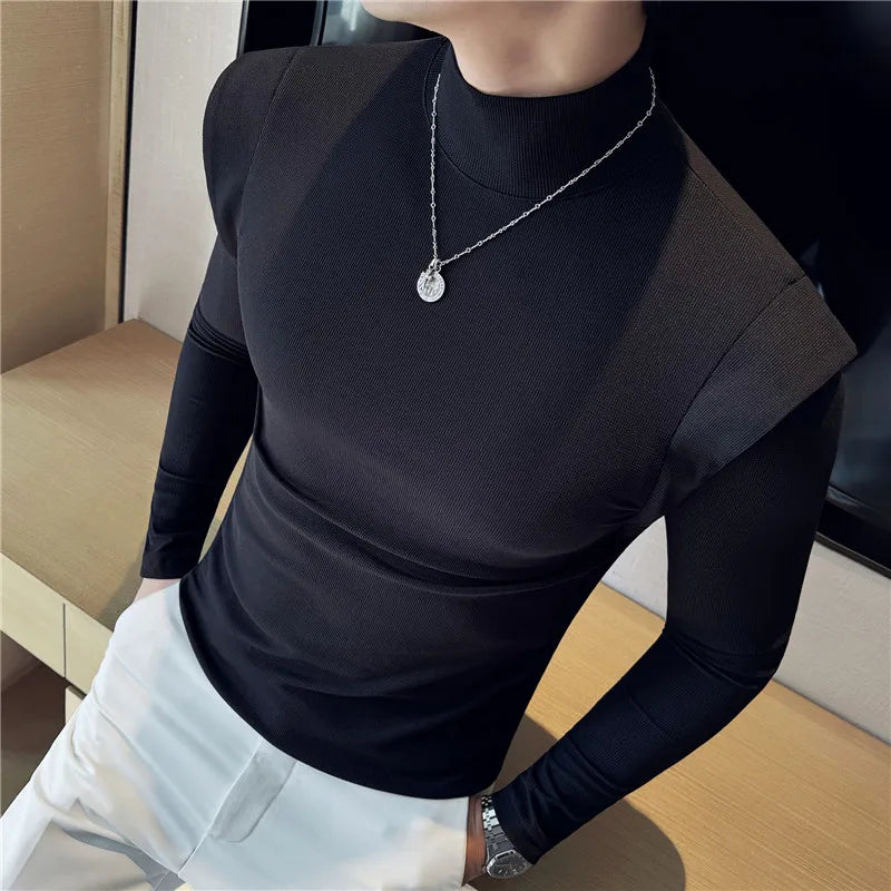 Turtleneck Fake-2Pieces Solid T-Shirt