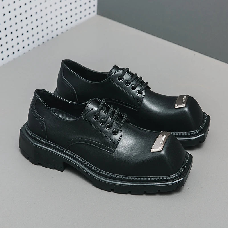 Black Leather Square-Toe Men's Shoes