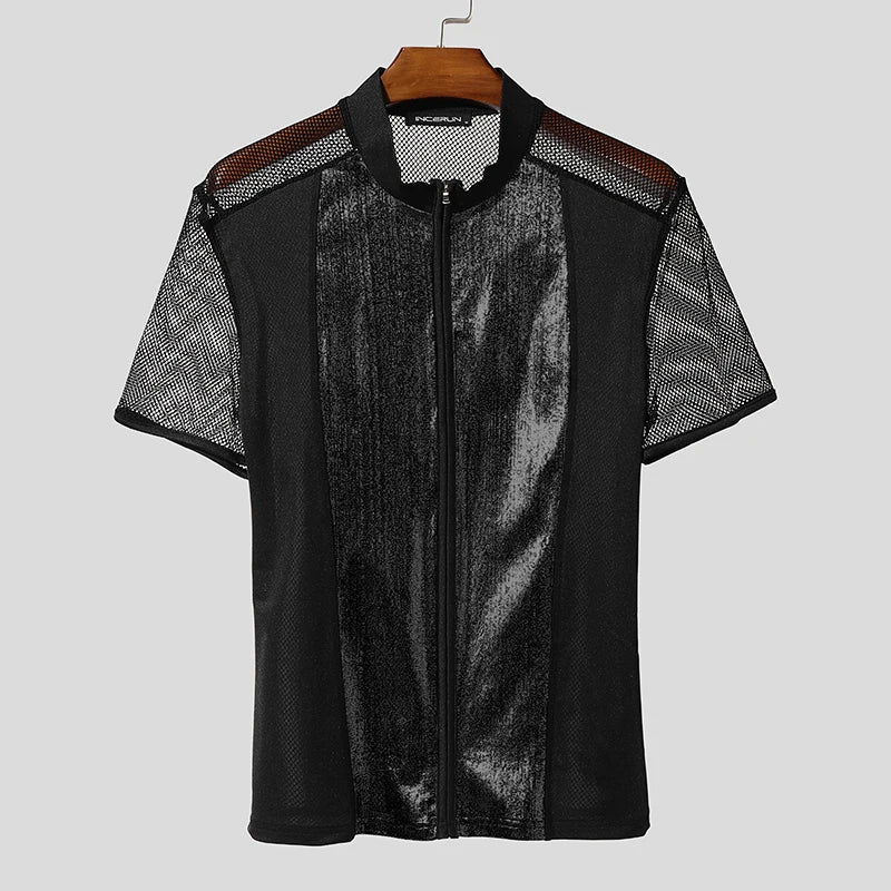 Shiny Mesh Patchwork See Through T-Shirt