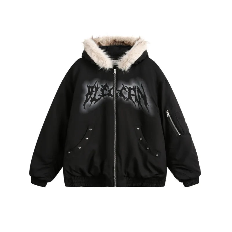 Fur Hooded Letter Printing Jacket