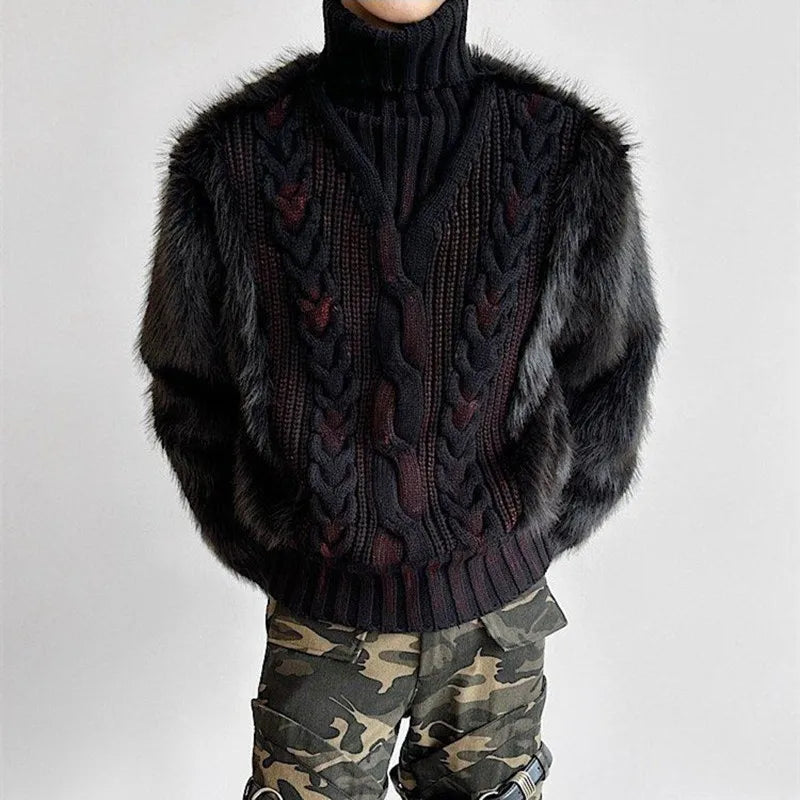 Turtleneck Spliced Fur Cable Knit Oversized Sweater