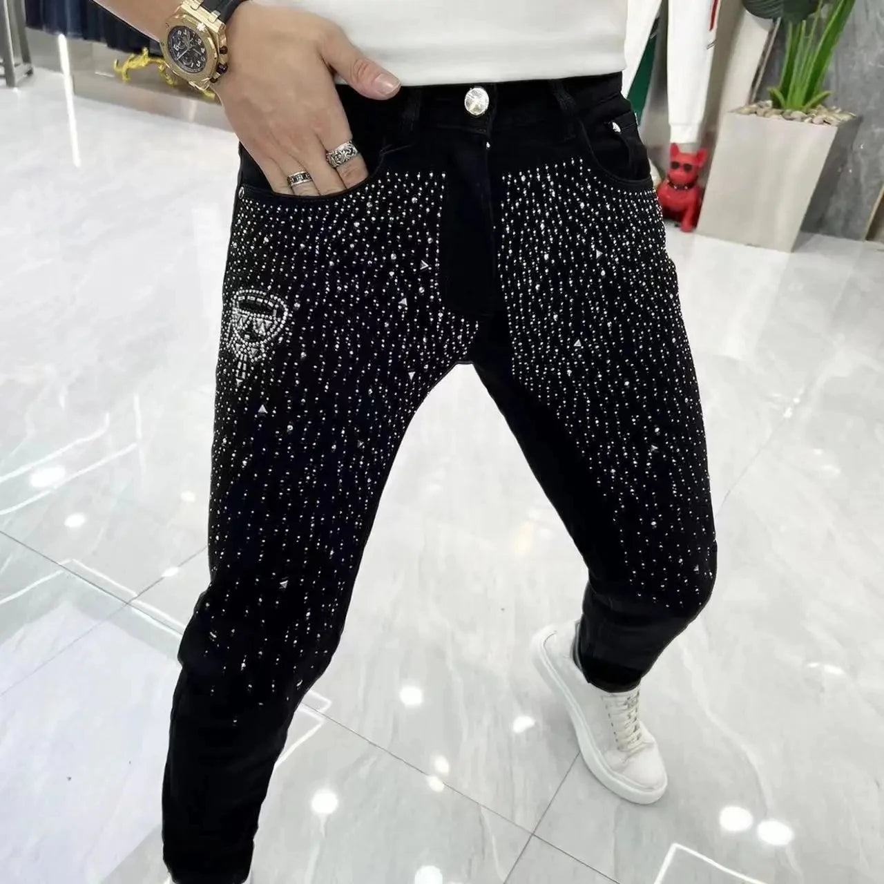 Solid Black Rhinestone Slim Fit Jeans