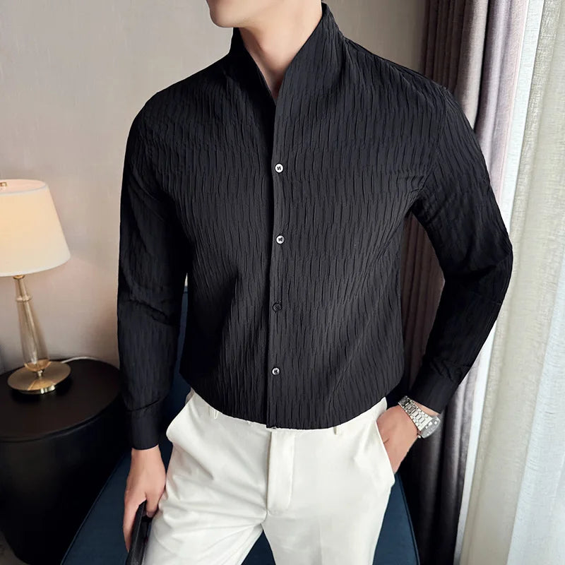 Textured Mandarin Collar Dress Shirt