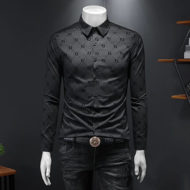 Geometric Black Design Slim-Fit Shirt