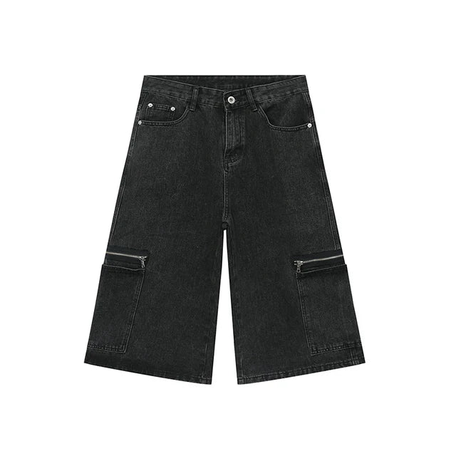 Black Color Zipper Pockets Shorts