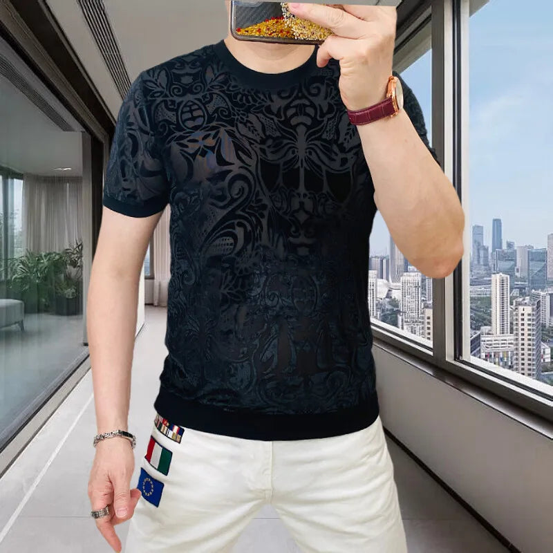Sexy Mesh Flocking Perspective T-Shirt