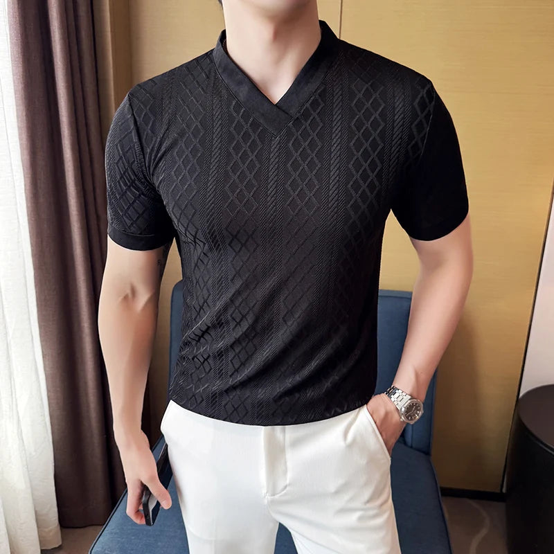 V-Neck Geometric Textured Casual T-Shirt