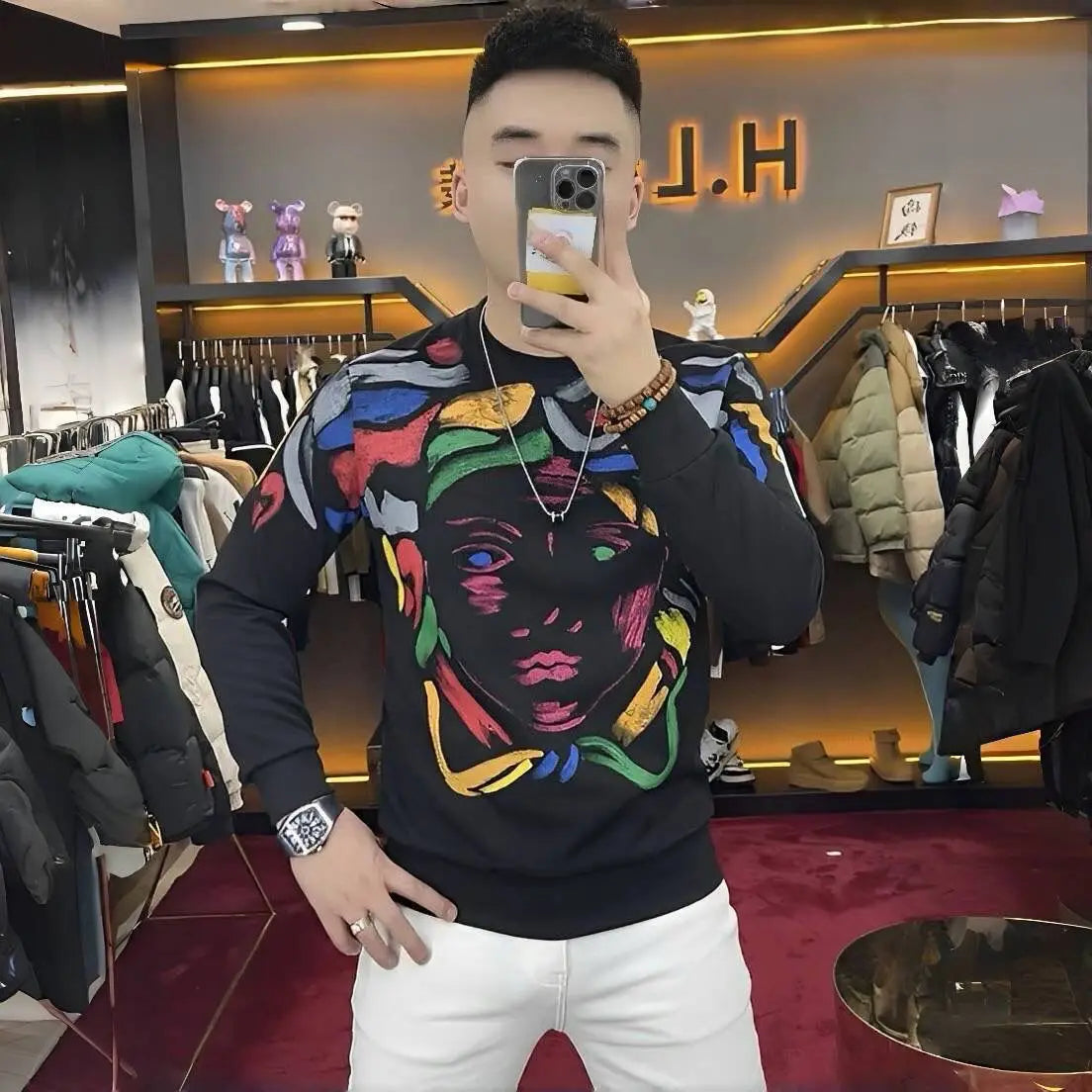 Paint Printing Polyester Men's Sweater