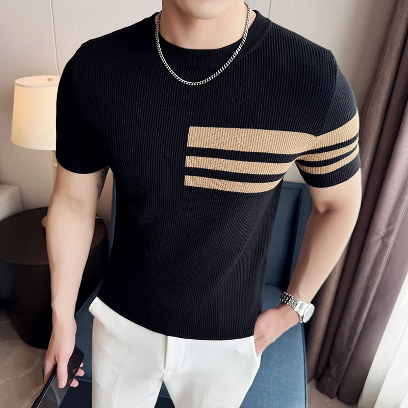 Striped Knitted Style Casual T-Shirt