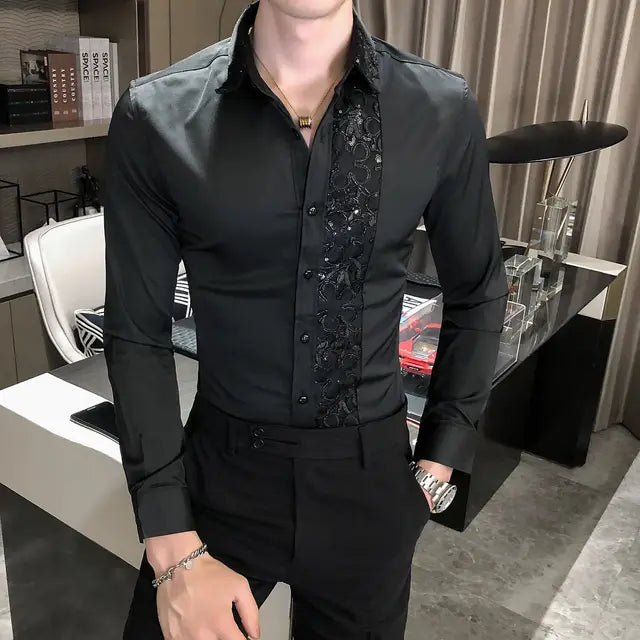 Solid Lace Sequin Slim Fit Shirt