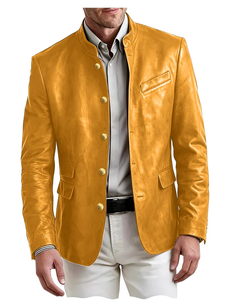 Golden Metal Buttons Leather Jacket