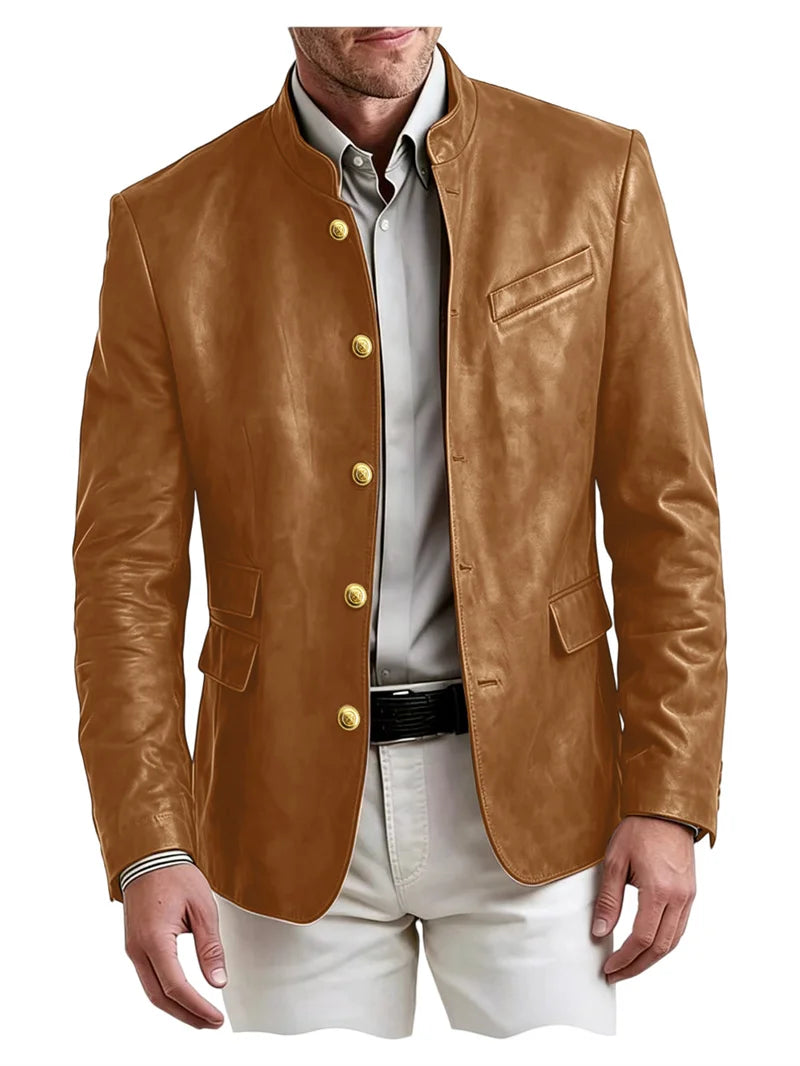 Golden Metal Buttons Leather Jacket