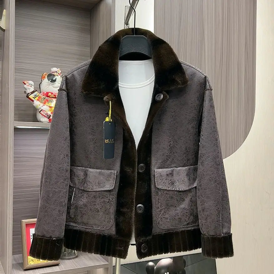 Warm Spliced Fur Leather Solid Jacket