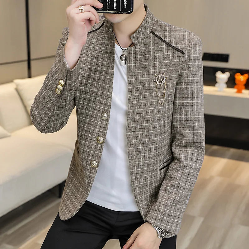 Thick Plaid Pattern Stand Collar Blazer