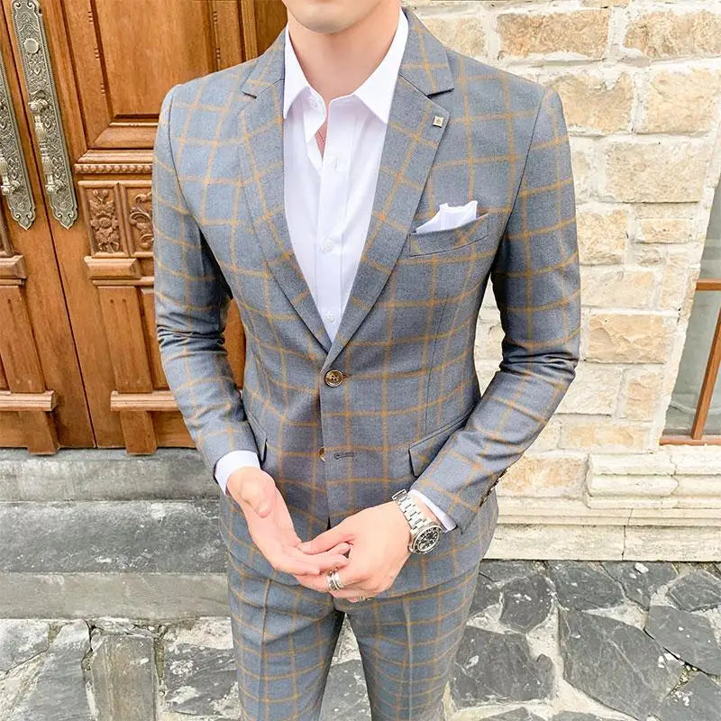 Plaid Pattern Single Breasted Polyester Suit