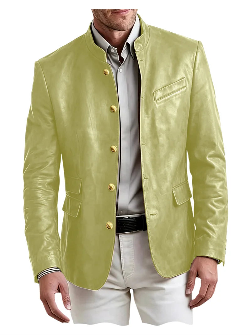 Golden Metal Buttons Leather Jacket