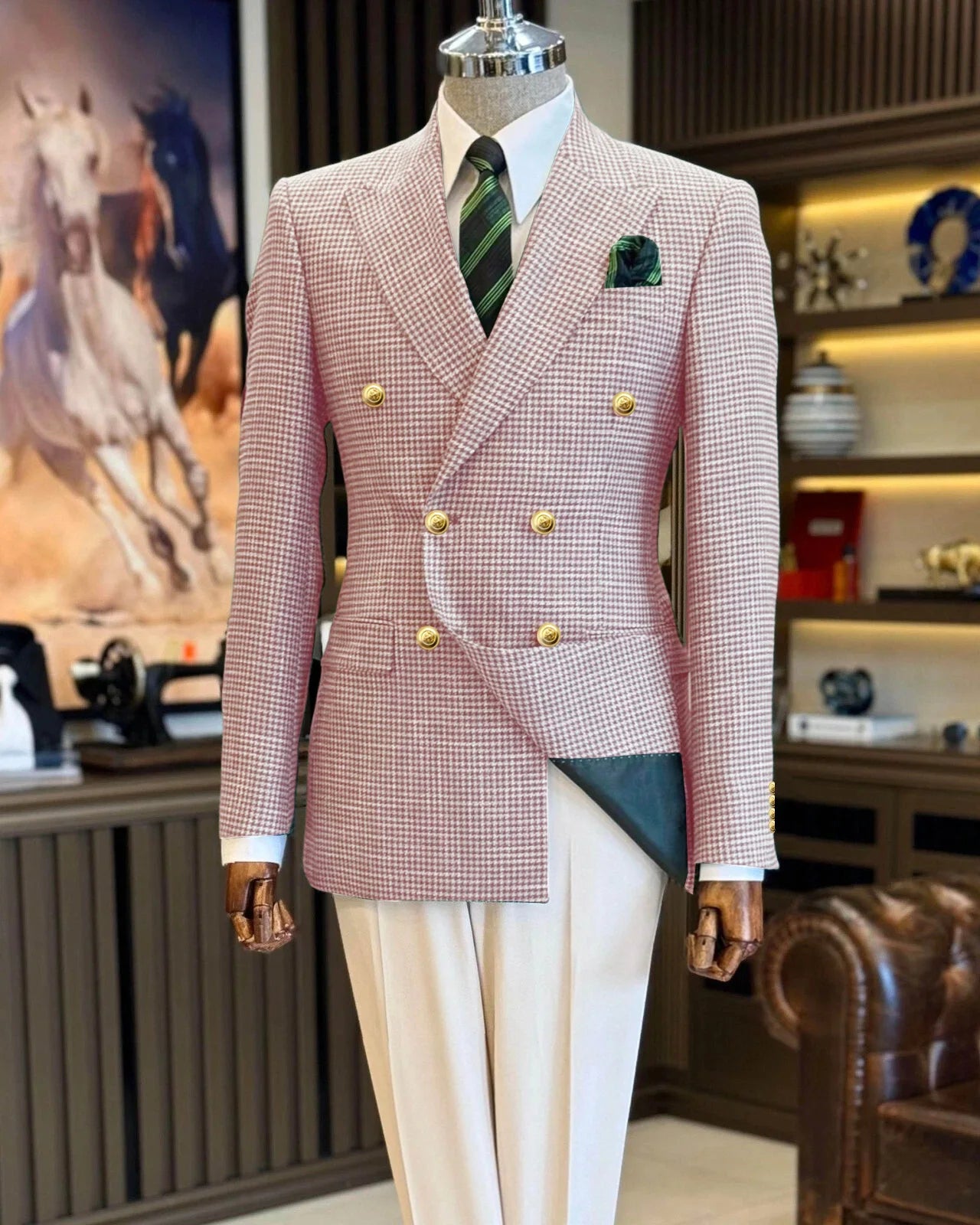 Double Breasted Houndstooth Peak Lapel Blazer