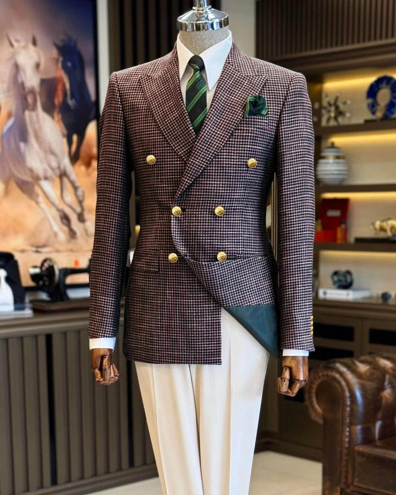Double Breasted Houndstooth Peak Lapel Blazer