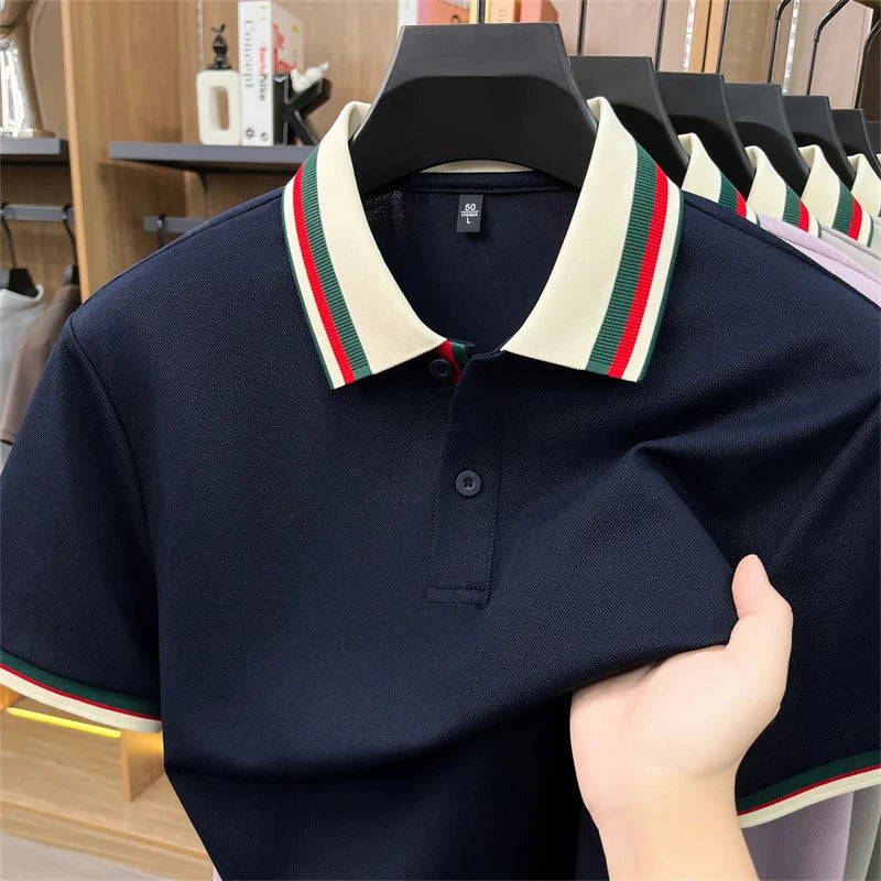 Stripes Color Blocked Lapel Polo Shirt