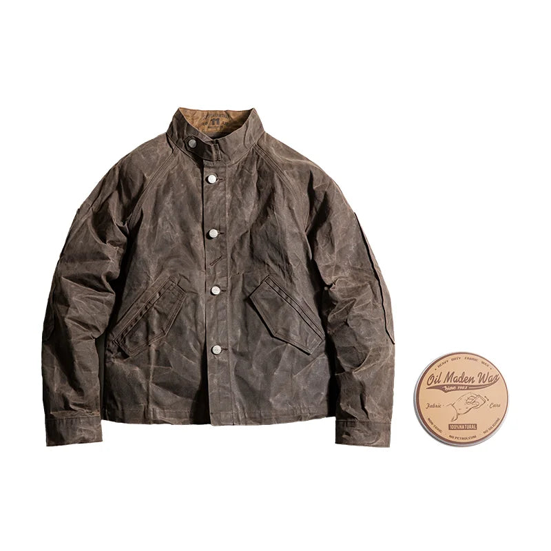Retro Stand Collar Oil Waxed Jacket