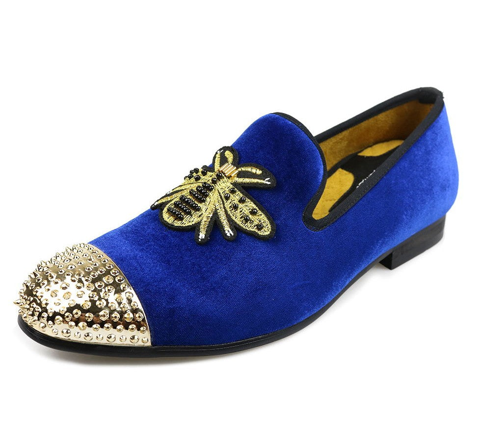 Golden Bee with Rivets Toes Men Velvet Loafers