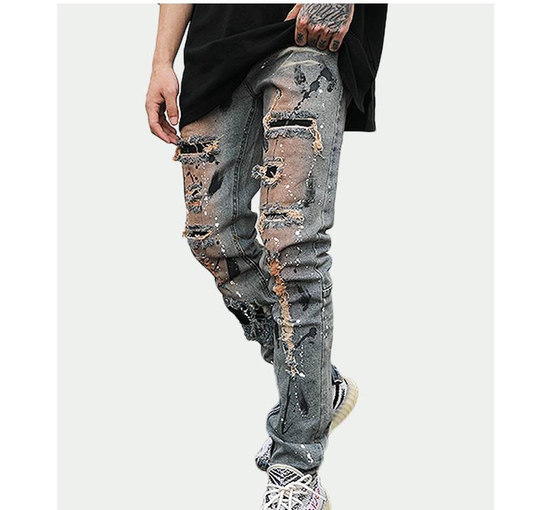 Blue Paint Stain Decorated Ripped Biker Jeans