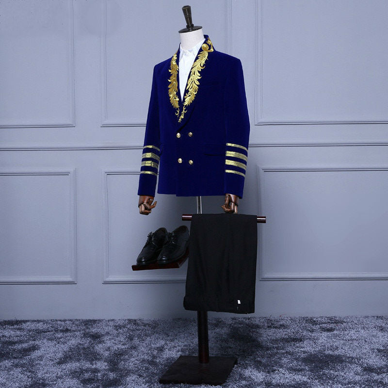 Velvet Royal Blue with Gold Touch Style Men Costume Set Blazer With Pant