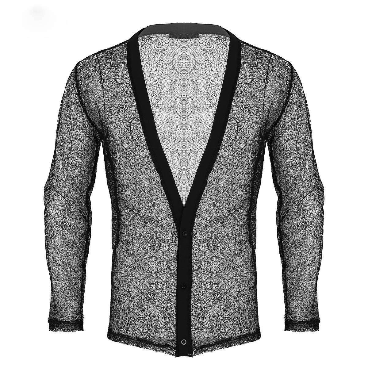 See Through Solid Hollow Out Mesh Casual Men Shirt