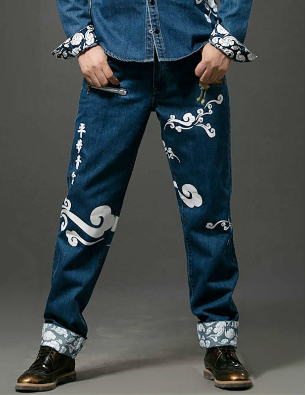 Oriental Pattern with HanZi Letter Details Men Jeans