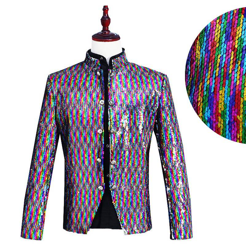 Rainbow Color Sequin Single Breasted Stand Collar Style Men Blazer