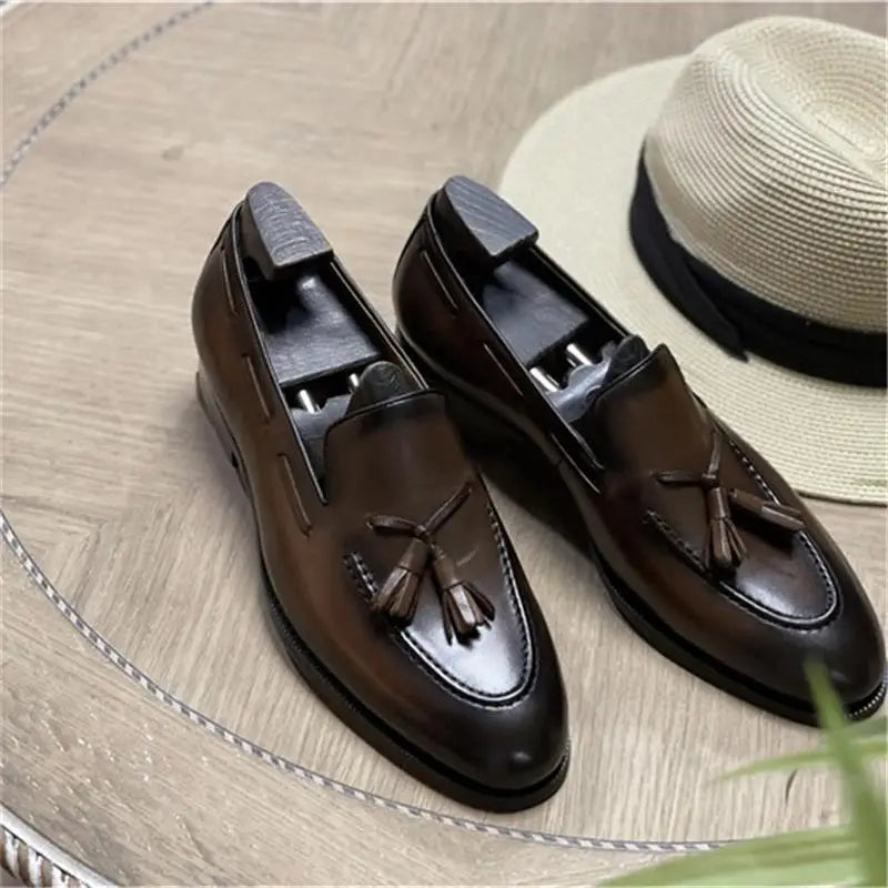 Solid Shiny Genuine Leather with Tassels Loafers